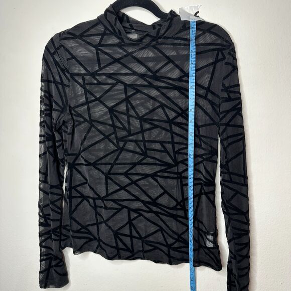 Jet Black Geometric Stripe Sheer Mesh Long Sleeve Mock Neck Stretch Blouse M - Picture 8 of 11